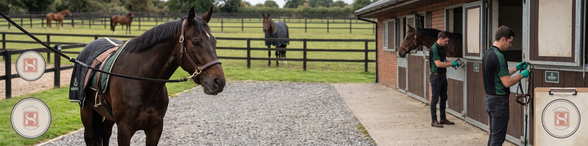 A working stable yard at morning: grooms at the boxes and a horse held on the yard