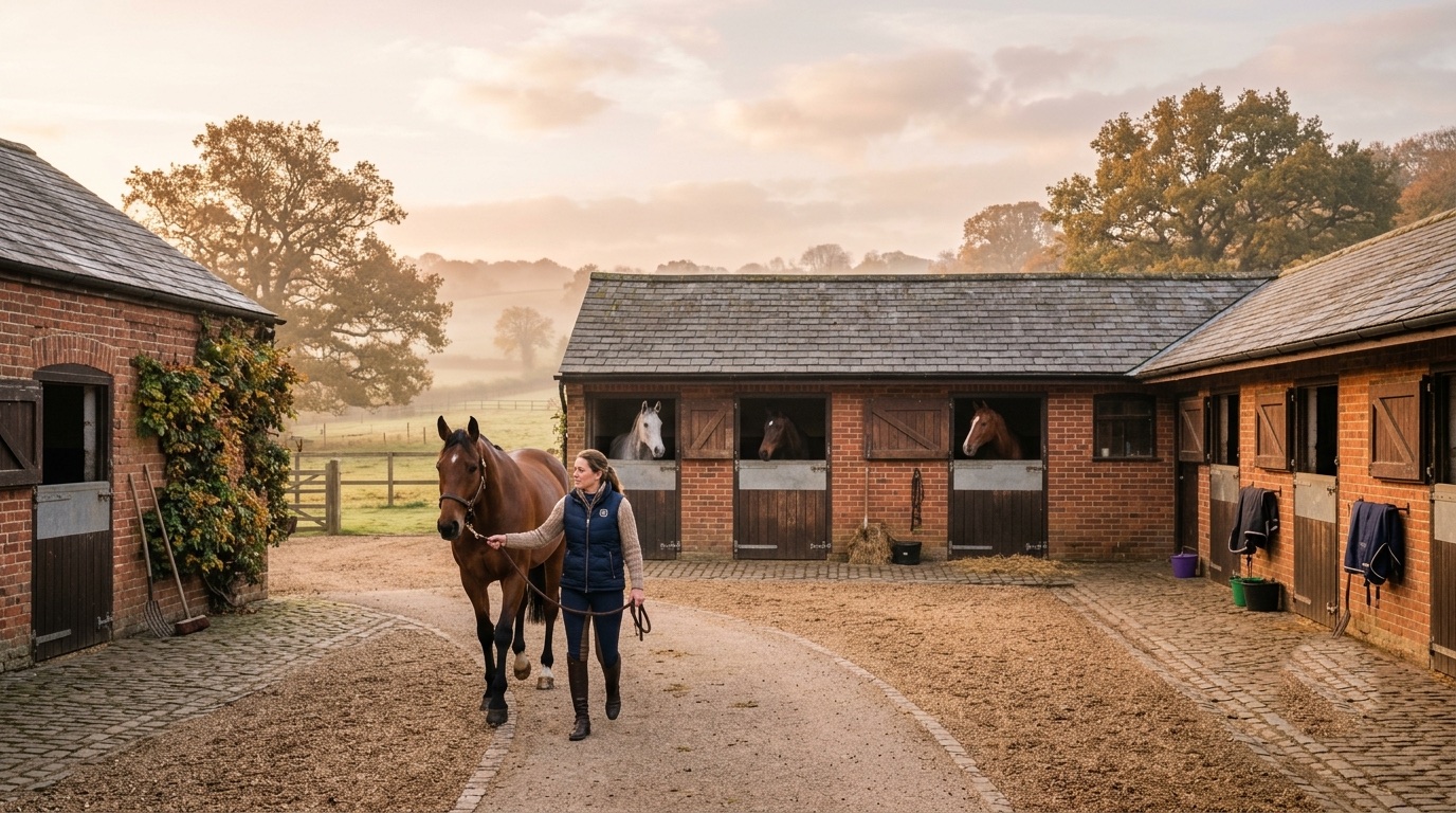 A brick livery yard at golden hour: a groom leads a bay horse across the cobbles while horses look out over their stable doors
